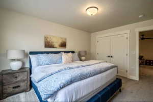 Carpeted bedroom featuring a closet