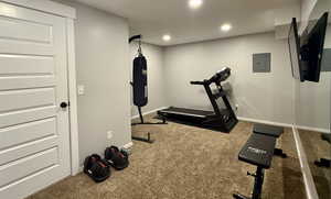 Workout room with electric panel and carpet flooring