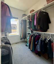 Spacious closet featuring light colored carpet