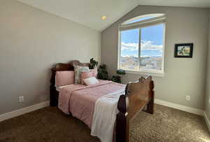 Bedroom with vaulted ceiling and carpet floors