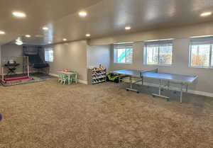 Recreation room with a textured ceiling and carpet flooring