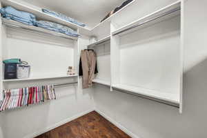 Walk in closet with dark hardwood / wood-style flooring Primary bedroom