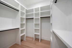 Walk in closet with light wood-type flooring