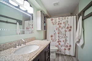 Bathroom featuring toilet, wood-type flooring, walk in shower, a textured ceiling, and vanity