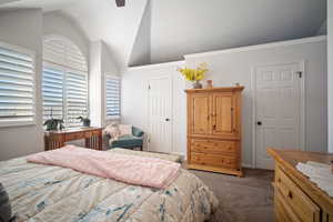 Carpeted bedroom featuring vaulted ceiling