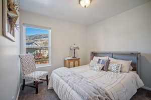 Carpeted bedroom with a mountain view