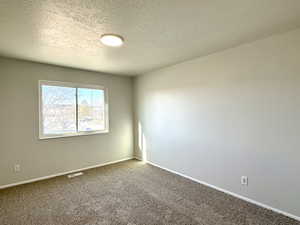 Carpeted empty room featuring a textured ceiling