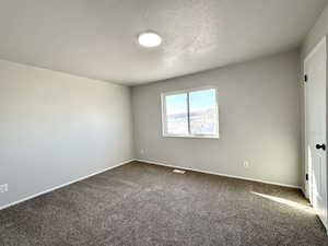 Carpeted empty room with a textured ceiling