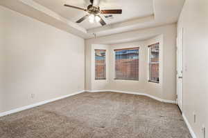 Unfurnished room with carpet floors, a raised ceiling, and ceiling fan