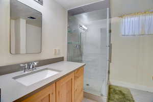 Bathroom with an enclosed shower and vanity