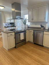 Kitchen featuring light hardwood / wood-style flooring, island exhaust hood, and appliances with stainless steel finishes