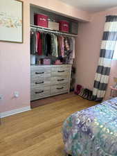 Bedroom featuring light wood-type flooring and a closet