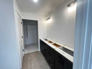 Primary Bathroom with hardwood / wood-style flooring and two sinks