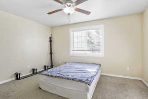 Carpeted bedroom with ceiling fan