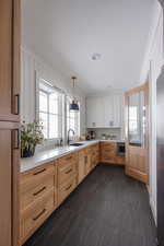 Kitchen featuring a wealth of natural light, sink, crown molding, white cabinetry, and hanging light fixtures