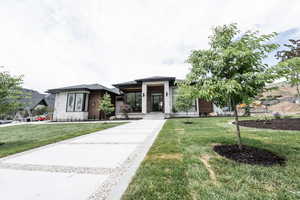 Prairie-style home with a front lawn