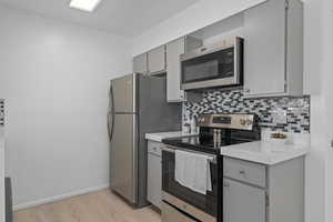 Kitchen with new microwave, stainless steel appliances