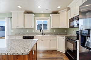 Kitchen with dark hardwood / wood-style floors, a wealth of natural light, black appliances, white cabinets, and sink