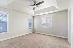 Spare room featuring ceiling fan, a tray ceiling, carpet floors, and a healthy amount of sunlight