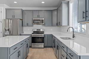 Kitchen with light hardwood / wood-style floors, sink, appliances with stainless steel finishes, and gray cabinetry