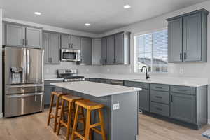 Kitchen with gray cabinets, a kitchen island, sink, a kitchen breakfast bar, and stainless steel appliances