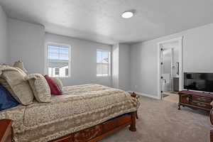 Carpeted bedroom featuring ensuite bath and a textured ceiling