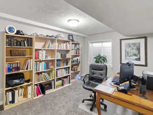 Carpeted office space featuring a textured ceiling