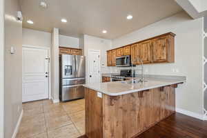 Kitchen with sink, kitchen peninsula, and stainless steel appliances