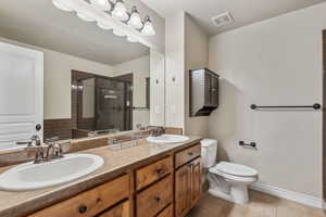 Bathroom featuring an enclosed shower, vanity, and toilet