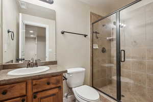 Bathroom featuring toilet, walk in shower, and vanity