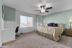 Carpeted bedroom with ceiling fan and en-suite bathroom