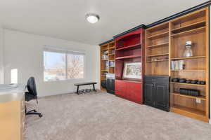 Office / loft  with light colored carpet