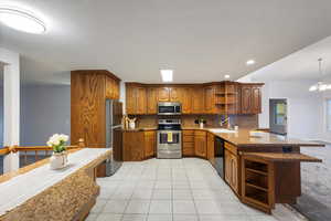 Kitchen featuring decorative light fixtures, backsplash, kitchen peninsula, sink, and appliances with stainless steel finishes