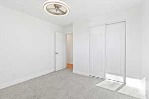 Unfurnished bedroom featuring light carpet and a closet