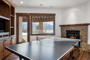 Rec room featuring a fireplace, plenty of natural light, and dark wood-type flooring