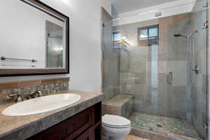 Bathroom with toilet, tasteful backsplash, walk in shower, and vanity