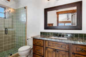 Bathroom featuring a shower with shower door, toilet, and vanity