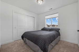 Carpeted bedroom featuring a closet