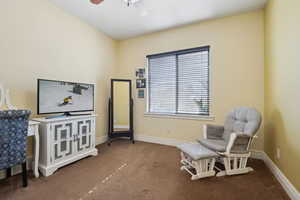 Living area with ceiling fan and carpet