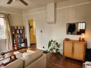 Living room with ceiling fan, plenty of natural light, and dark hardwood / wood-style floors