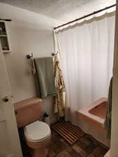 Bathroom with toilet and a textured ceiling