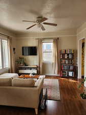 Living room featuring ceiling fan and dark wood-type flooring