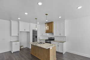 Kitchen featuring stainless steel gas range, baseboards, decorative backsplash, and a sink