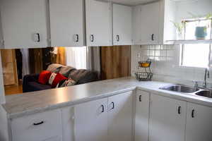 Kitchen with sink, backsplash, and white cabinets