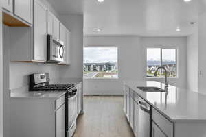 Kitchen featuring stainless steel appliances, a kitchen island with sink, light wood-type flooring, white cabinets, and sink