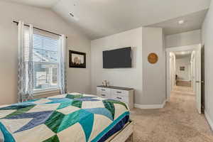 Bedroom with light carpet, lofted ceiling, and multiple windows