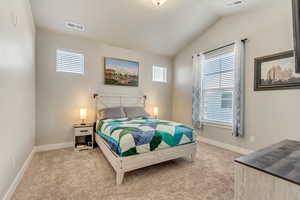 Carpeted bedroom featuring multiple windows and vaulted ceiling