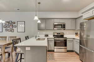 Kitchen featuring pendant lighting, a breakfast bar, kitchen peninsula, appliances with stainless steel finishes, and gray cabinetry