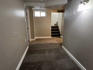 Basement with dark colored carpet