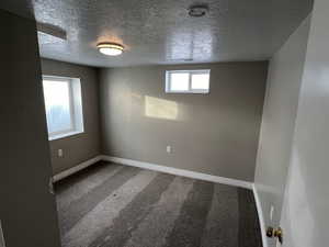 Carpeted spare room with a textured ceiling